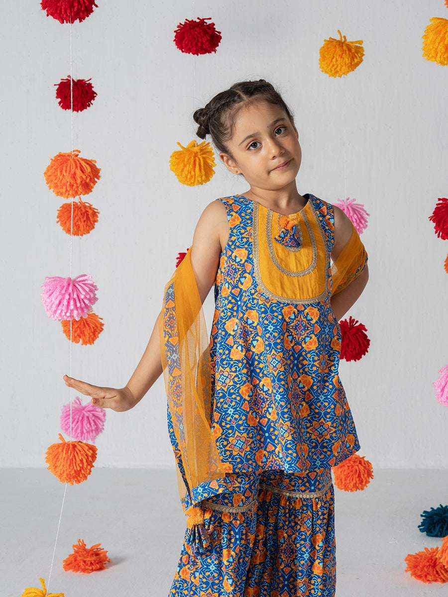 Rang Tarang Blue & Mustard Printed Sharara Set
