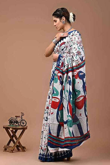 Ranglok Multicolor Tribal Art Mulmul Cotton Saree