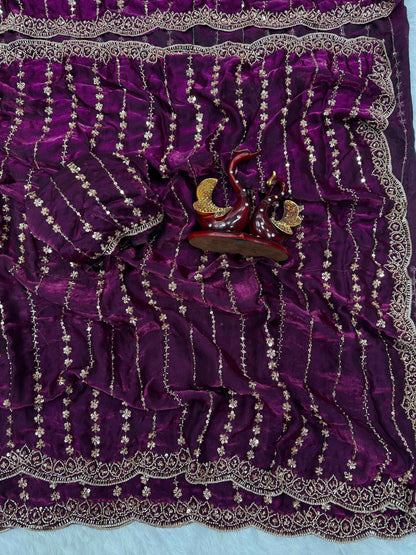 Royal Queen Beads & Sequins Embroidered Soft Space Silk Saree