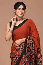 Rust Noir Mulmul Cotton Saree with Floral Elegance