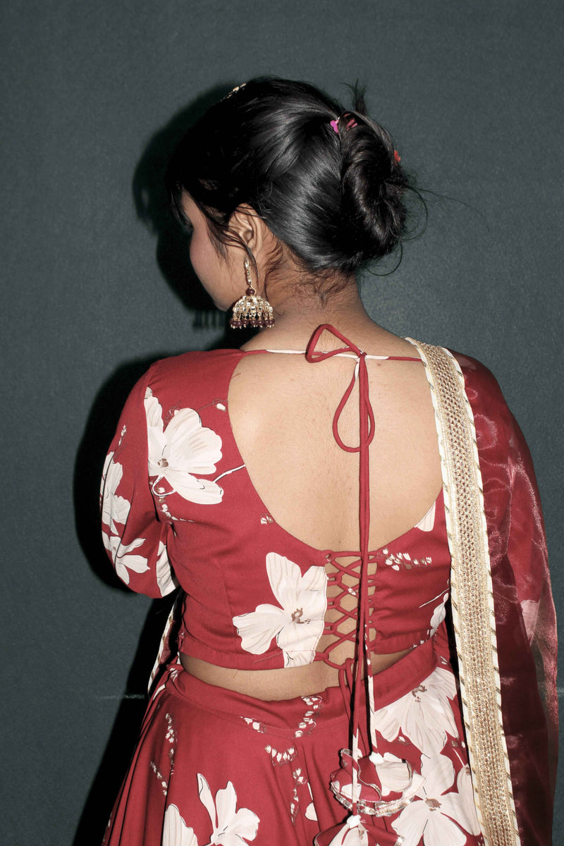 Scarlet Bloom Satin Lehenga Set