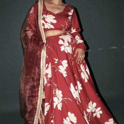 Scarlet Bloom Satin Lehenga Set