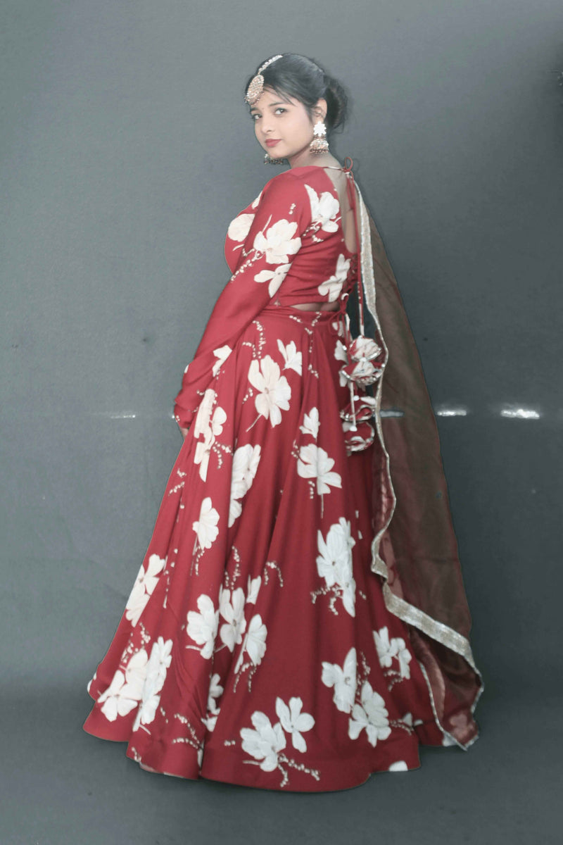 Scarlet Bloom Satin Lehenga Set