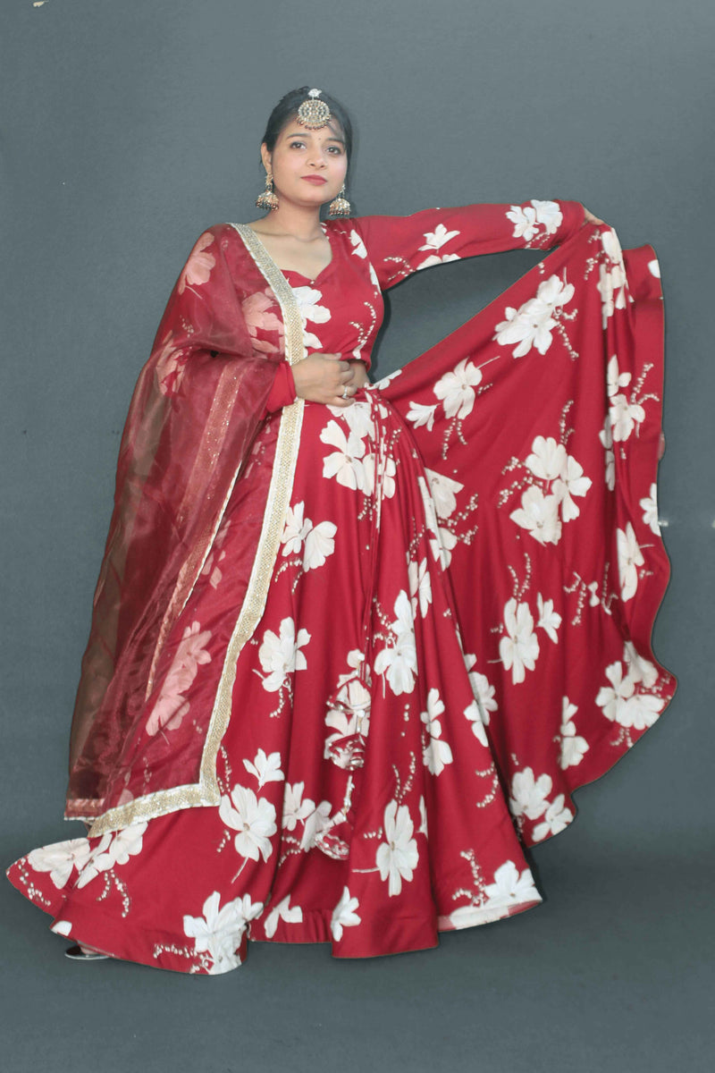 Scarlet Bloom Satin Lehenga Set