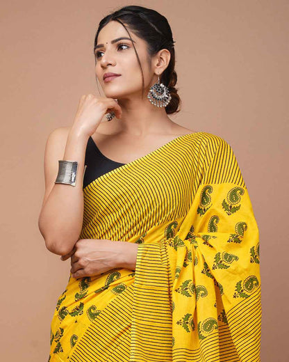 Sunburst Swirl Haldi Bloom Mulmul Cotton Saree