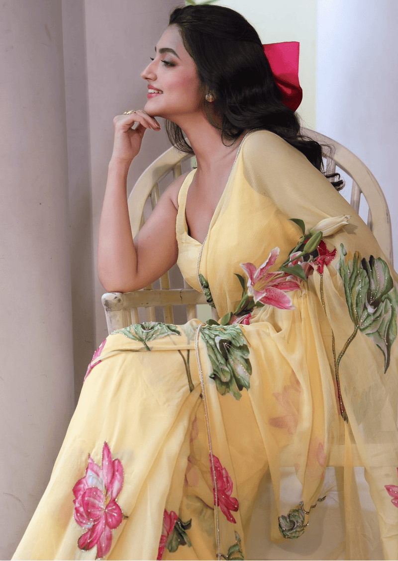 Sunlit Bloom Yellow Floral Chiffon Saree