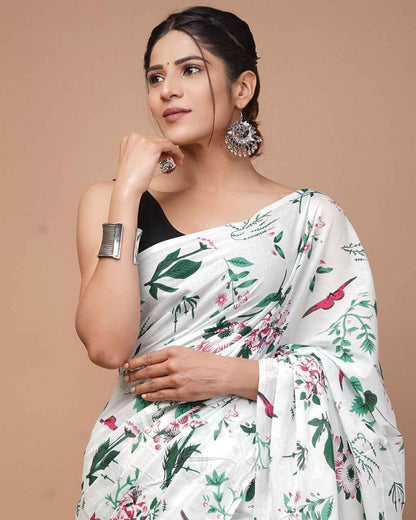 Whispering Petals White Bloom Cotton Saree