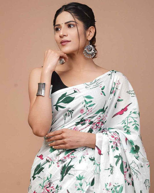 Whispering Petals White Bloom Cotton Saree