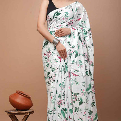 Whispering Petals White Bloom Cotton Saree
