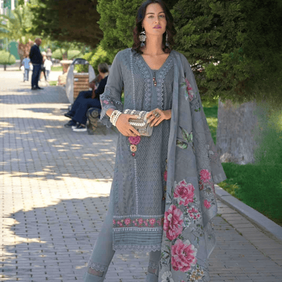 Zeenat Graceful Grey Floral Embroidered Cotton Suit